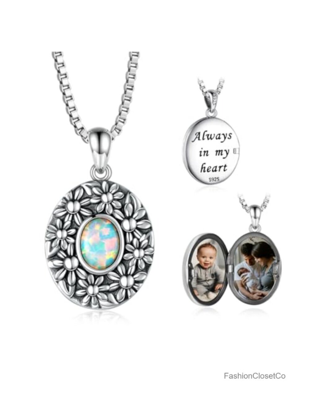 Sterling Silver Opal Locket Necklace Vintage Picture Jewelry Pendant